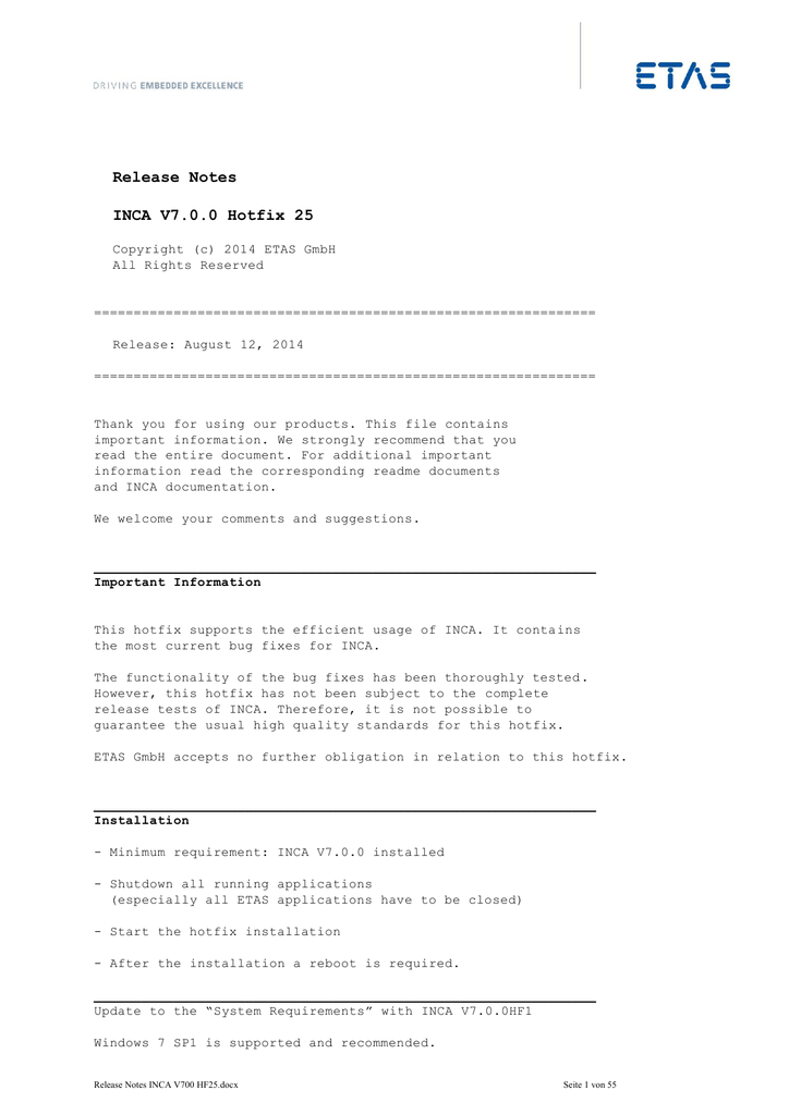 Release Notes Inca 7 0 0 Hotfix 25 Manualzz