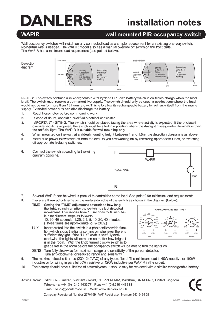Installation Notes Wapir Wall Mounted Pir Occupancy Switch