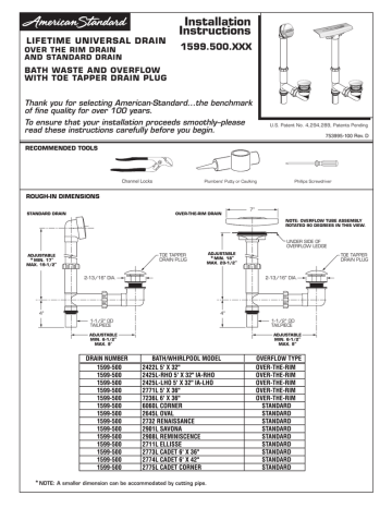 Installation Instructions 1599 500 X, American Standard Cadet Bathtub Installation Instructions