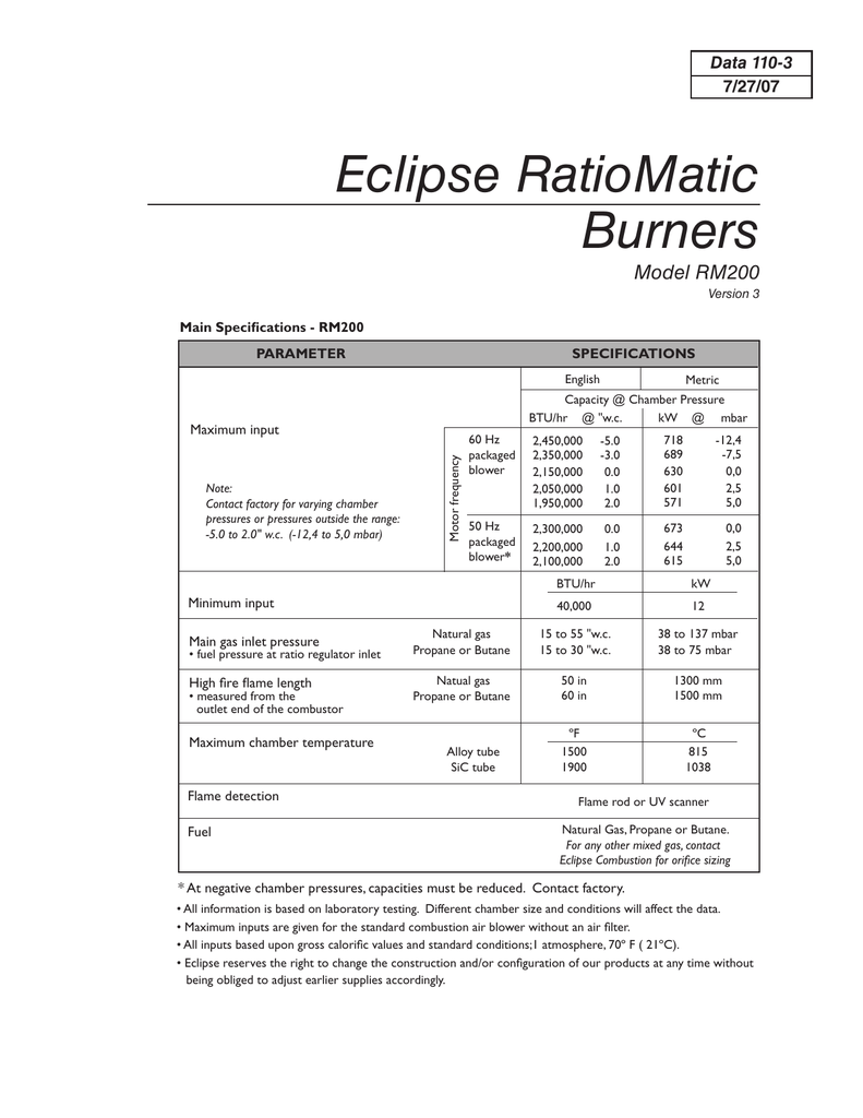 Eclipse RatioMatic Burners Model RM200 7/27/07 Manualzz