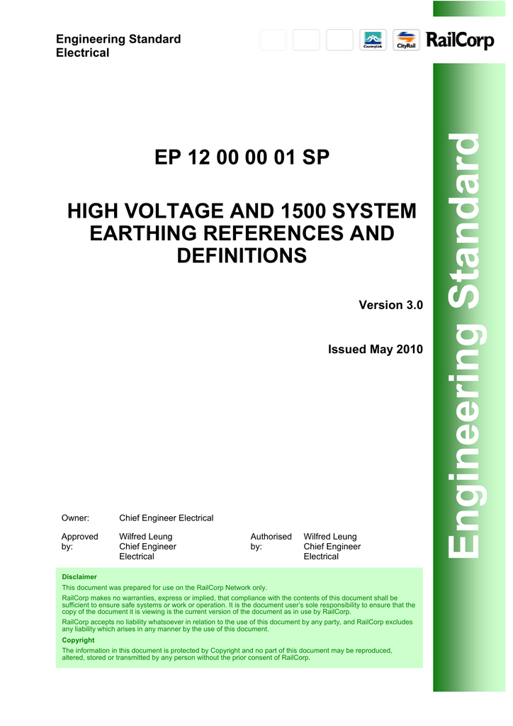 High Voltage And 1500 System Earthing References And Definitions