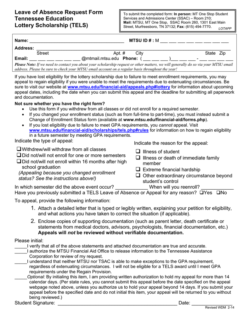 Leave Of Absence Request Form Tennessee Education Lottery