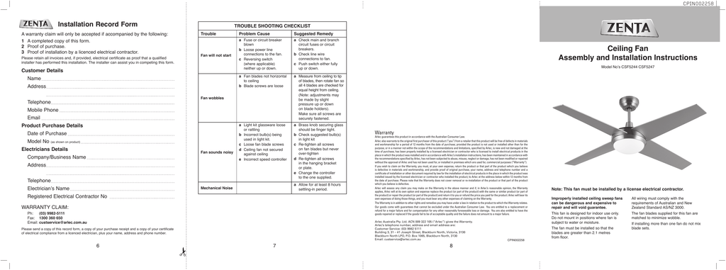 Ceiling Fan Assembly And Installation Instructions Trouble