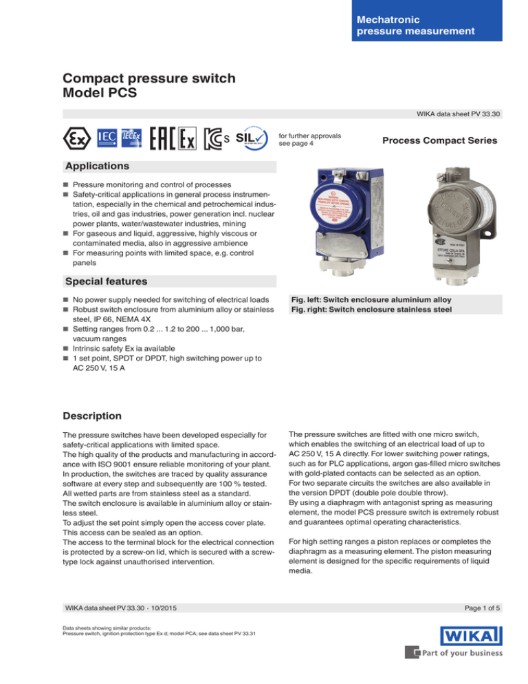 Compact Pressure Switch Model Pcs Applications Mechatronic Manualzz