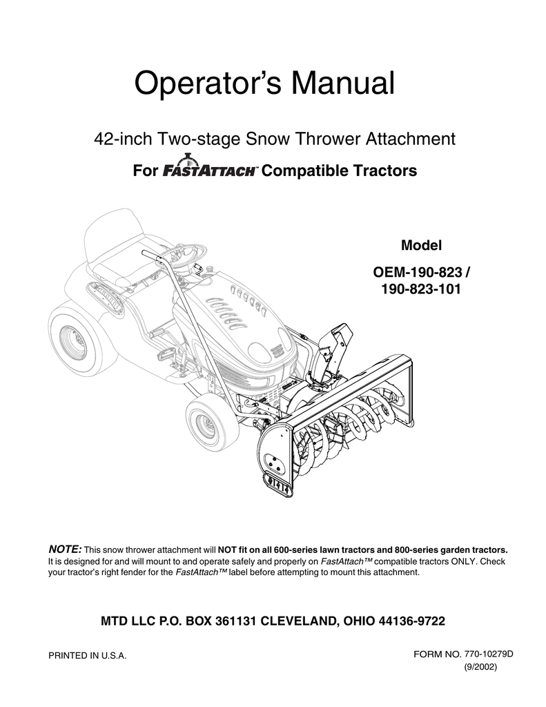 Operator's Manual 42-inch Two-stage Snow Thrower Attachment Model |  manualzz.com
