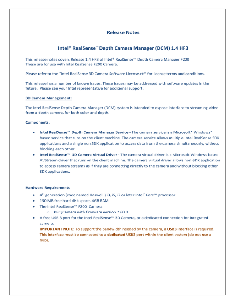 Release Notes Intel® RealSense Depth Camera Manager (DCM) 1.4 HF3