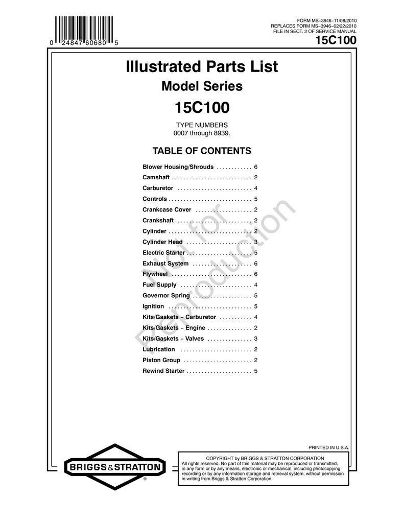 Brute Snow Thrower 1695575 Engine Parts List