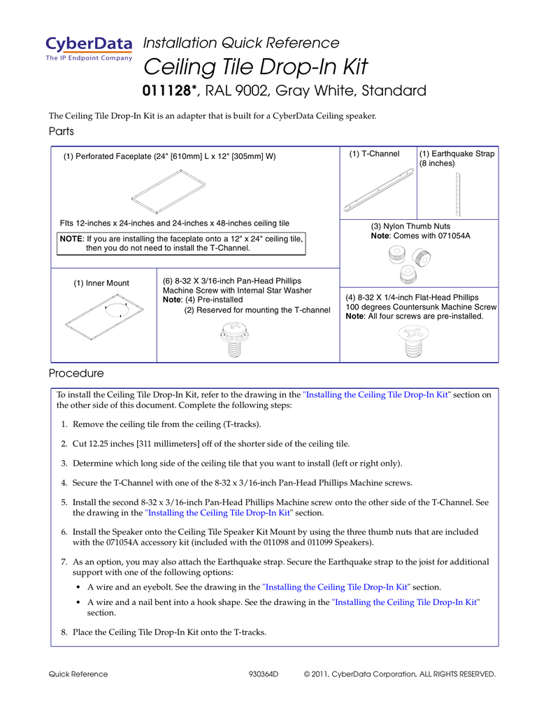 Ceiling Tile Drop In Kit Installation Quick Reference 011128