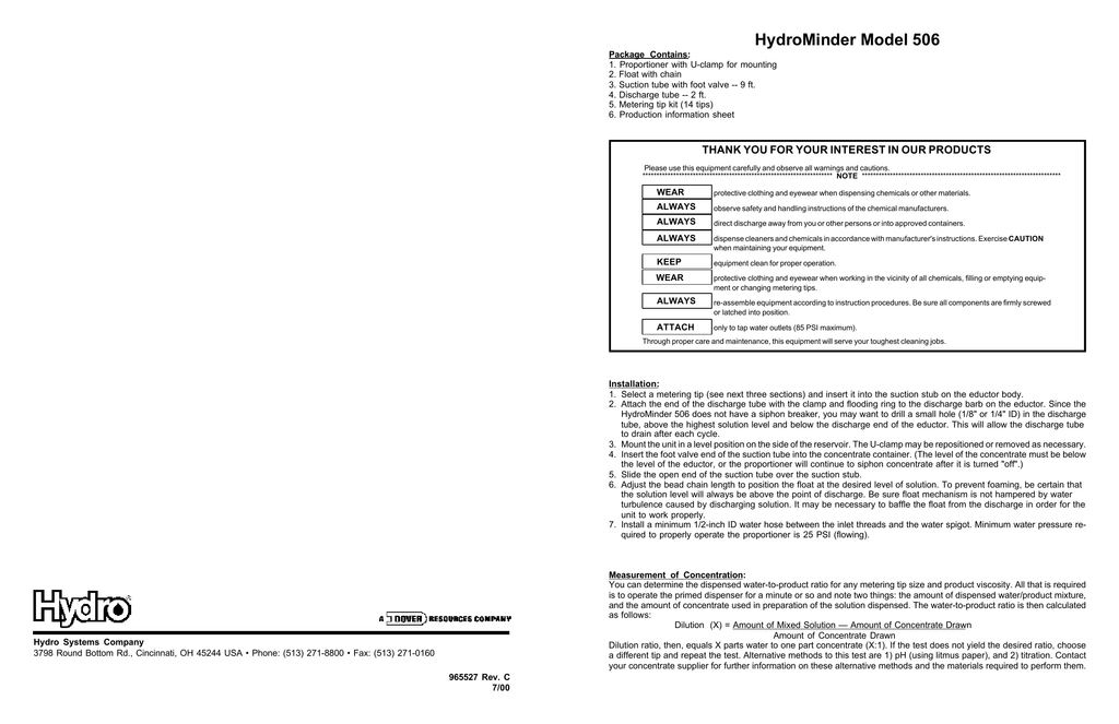 Hydrominder Tip Chart