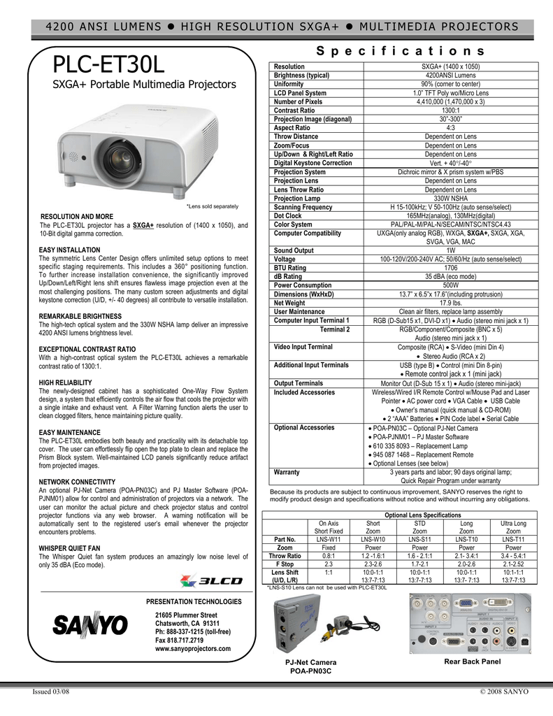 Sanyo Plc Et30l Specification Manualzz