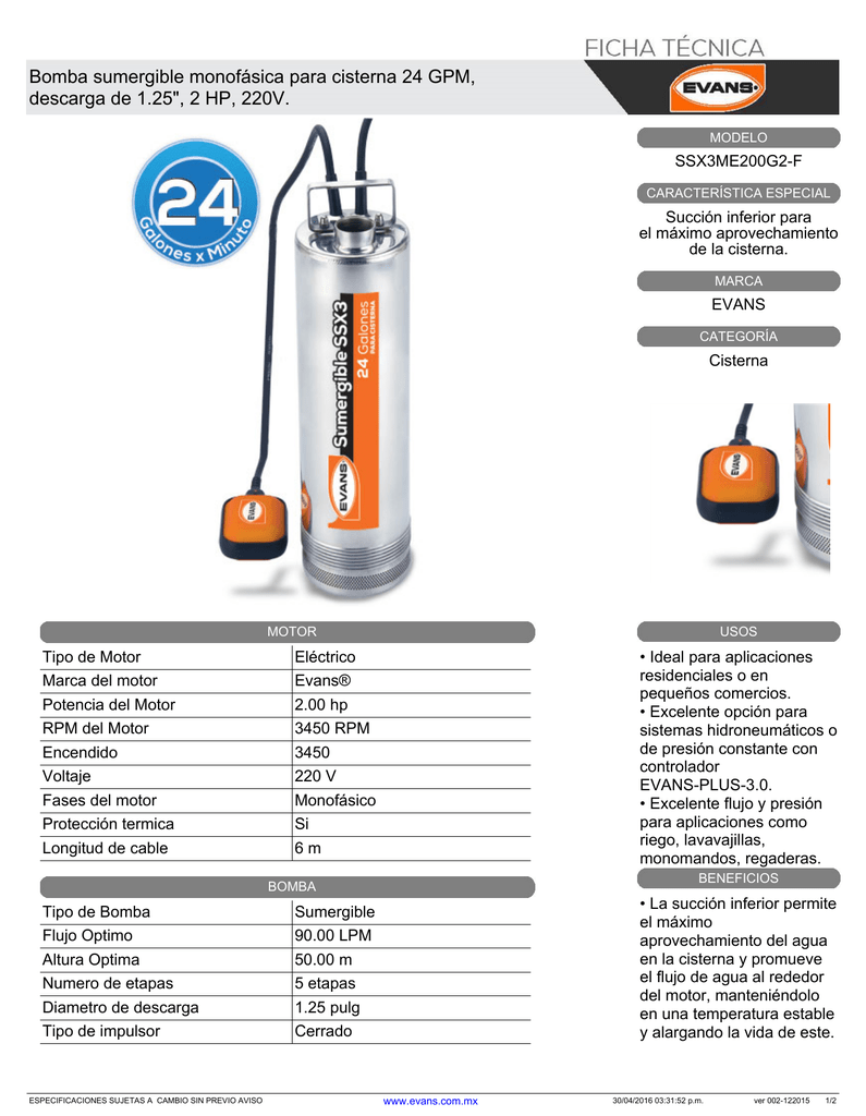 Bomba sumergible monofásica para cisterna 24 GPM, | Manualzz