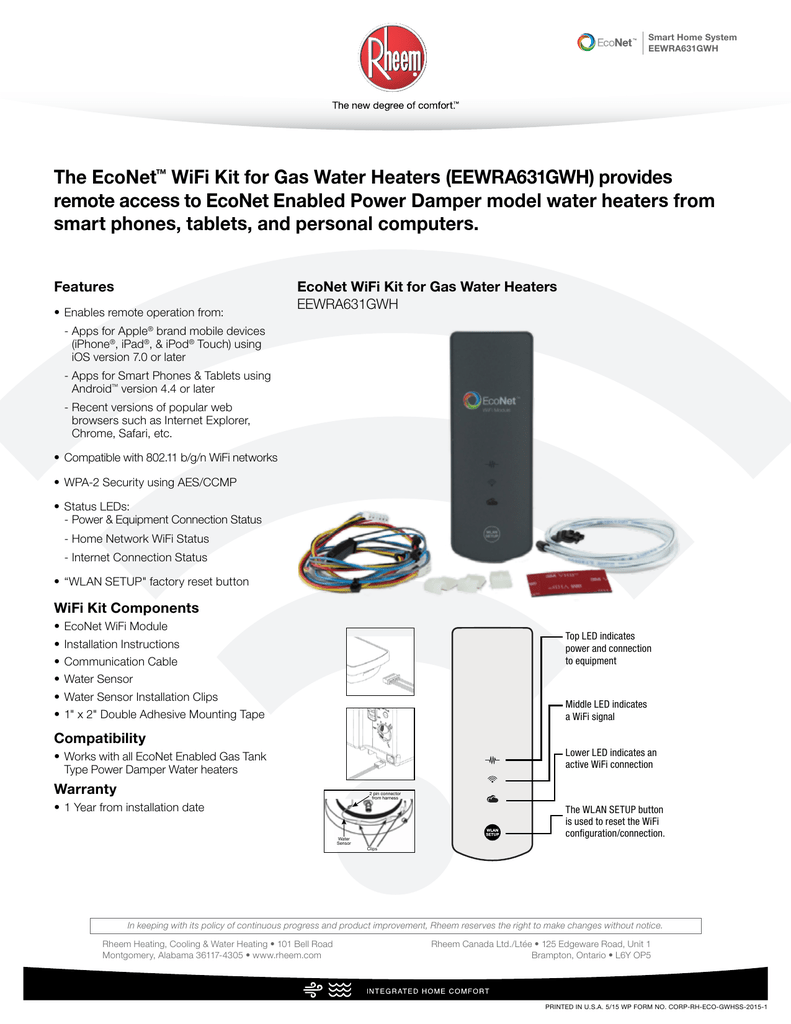 Rheem EcoNet Home Comfort Wi-Fi Module for Performance Platinum Smart Electric 