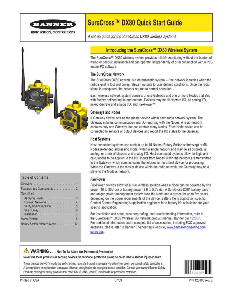 Banner Engineering Surecross Dx80 Network Quick Start Guide