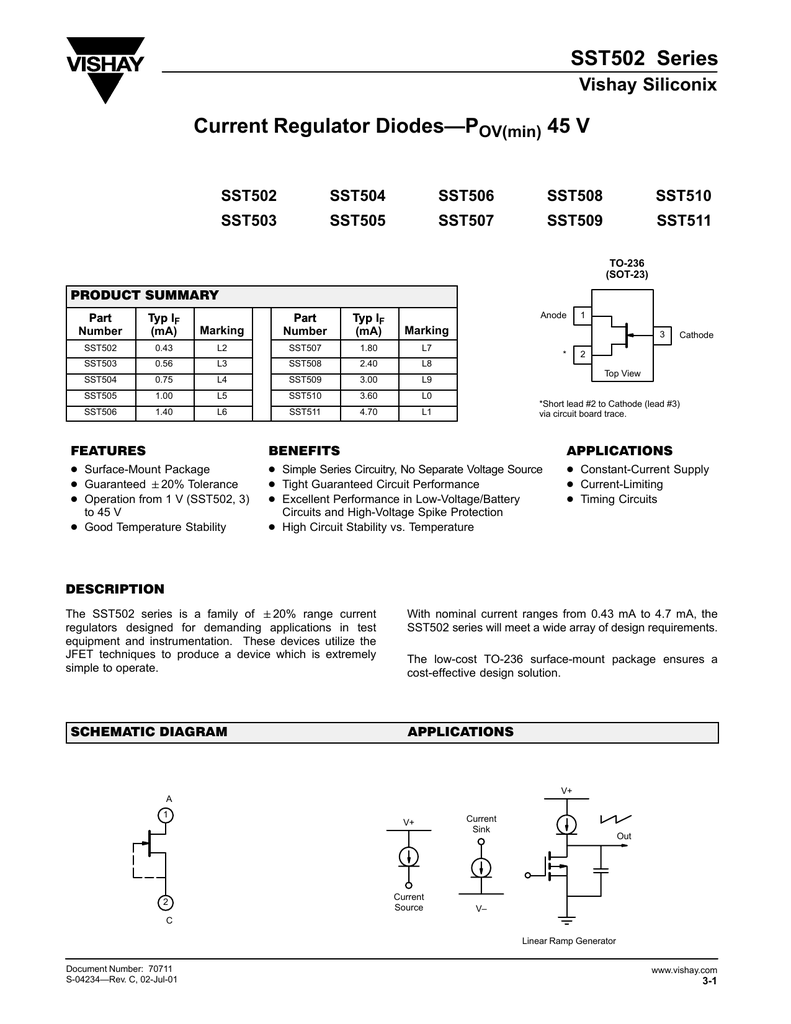 Sst502 Series Current Regulator Diodes P 45 V Vishay