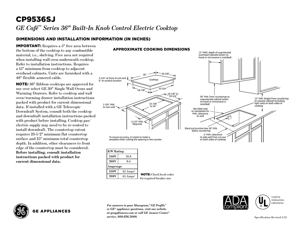 Cp9536sj Ge Cafe Series 36 34 Built In Knob Control Electric