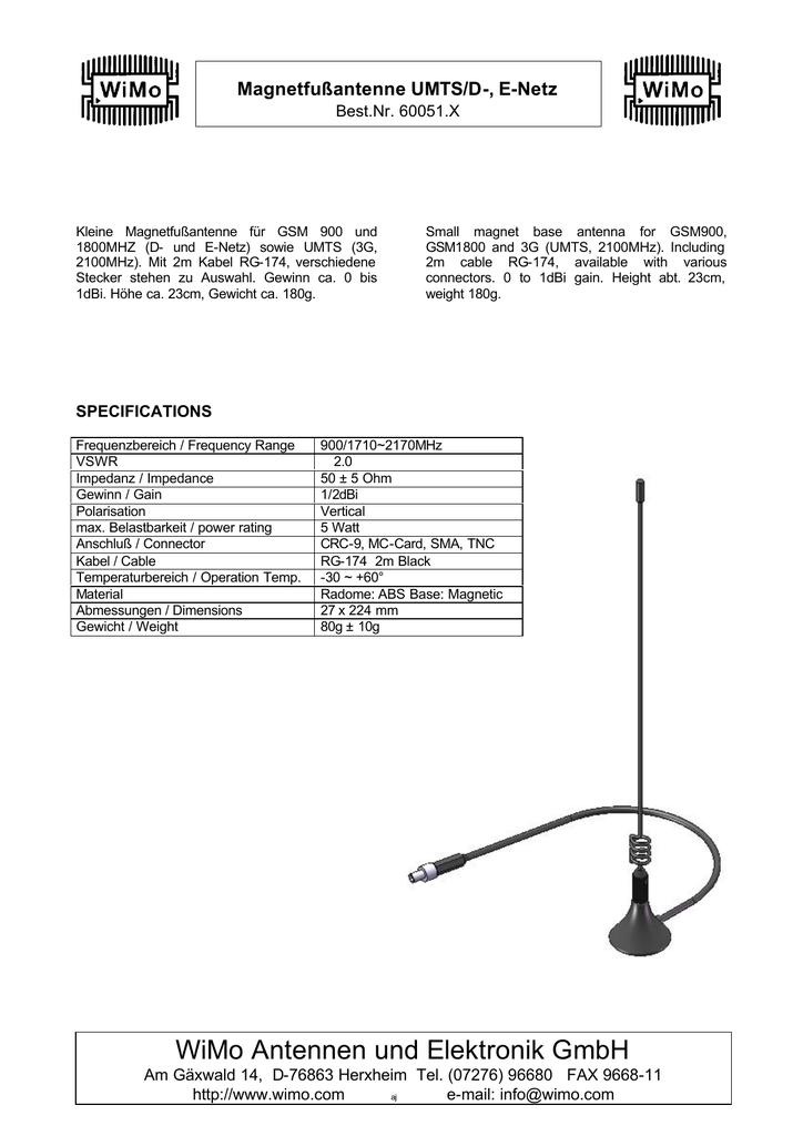 Datenblatt Magnetfussantenne Fur Gsm Und Umts Manualzz