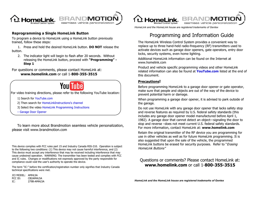 Programming And Information Guide Reprogramming A Single Homelink