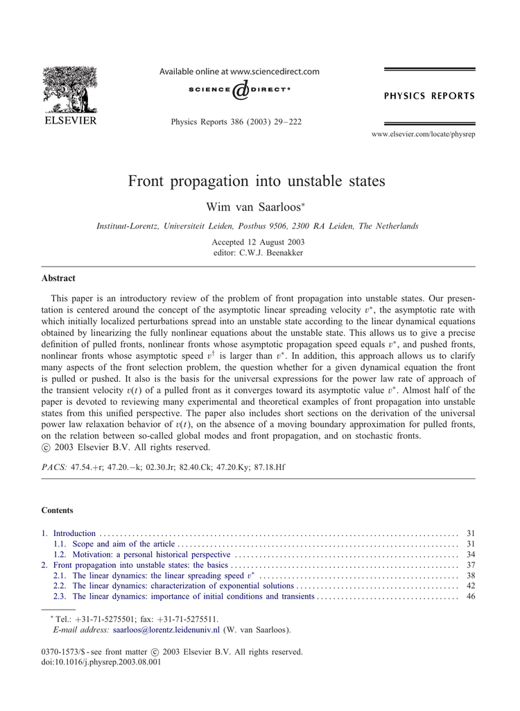 W Van Saarloos Front Propagation Into Unstable States Phys Rep 386 29 Manualzz