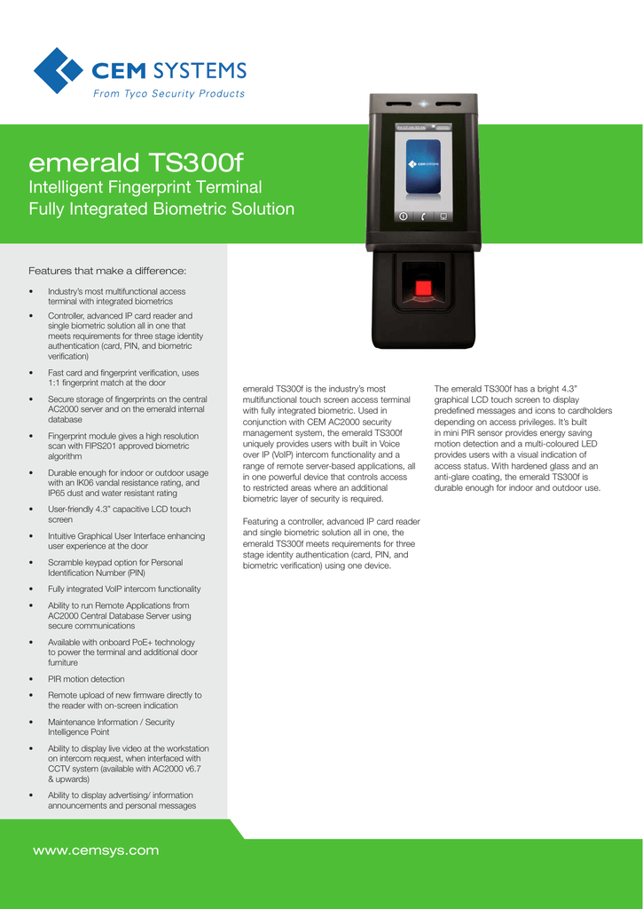 CEM emerald TS300f Access control card readers datasheet Manualzz