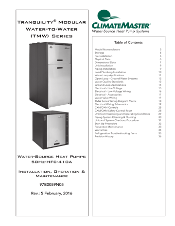 ClimateMaster  Tranquility® Modual TMW Water - to - Water Series 10.6, 17.6, 35.2, 50 and 100kW  Install Manual | Manualzz