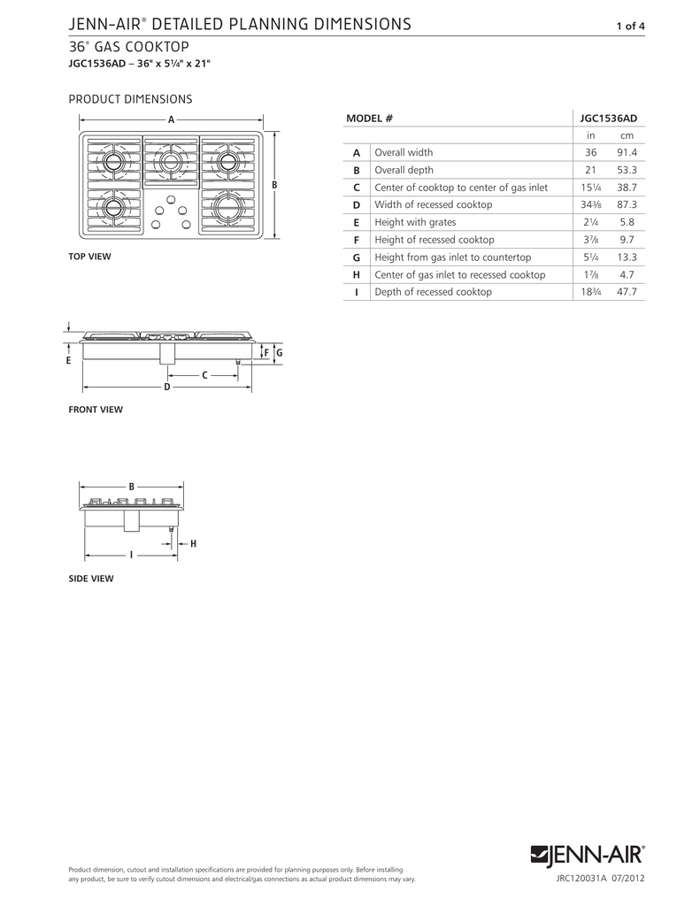 Jenn Air Detailed Planning Dimensions 36 34 Gas Cooktop Product