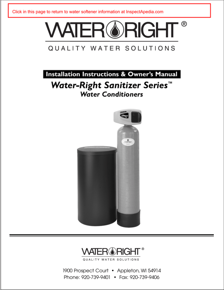 Water Right Sanitizer Series Water Conditioners Installation Operation