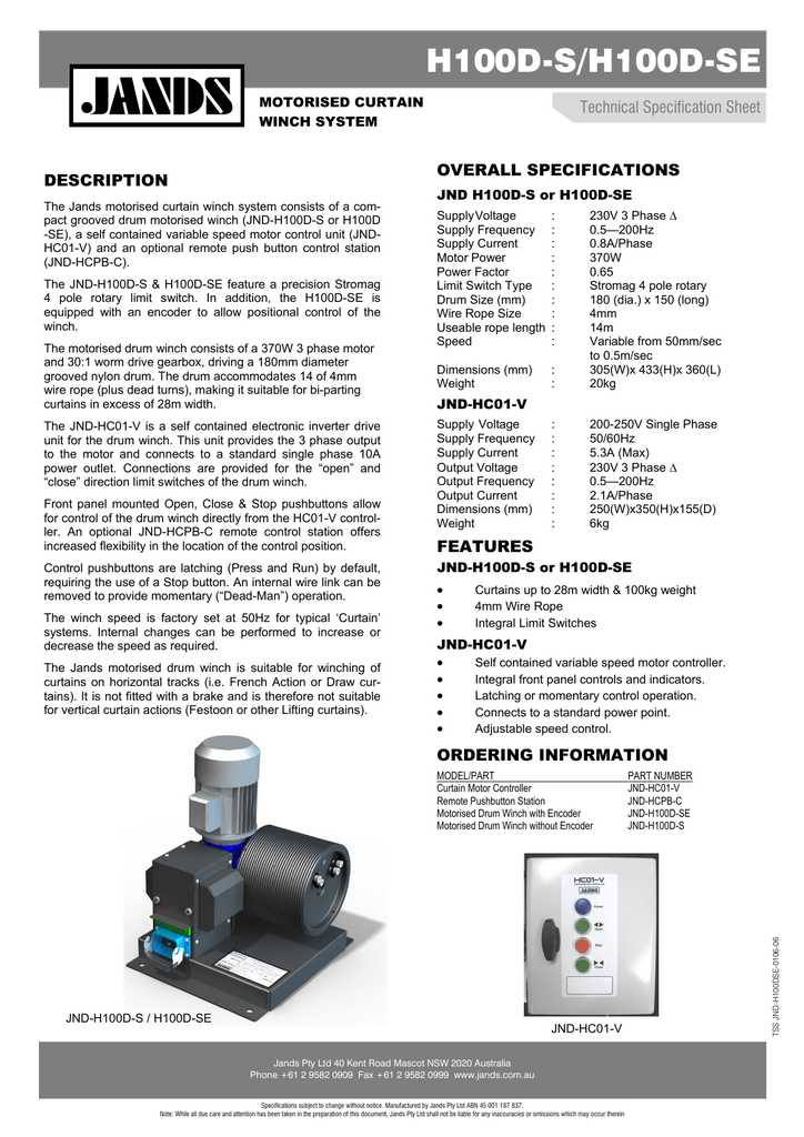 H100d S H100d Se Motorised Curtain Winch System Technical