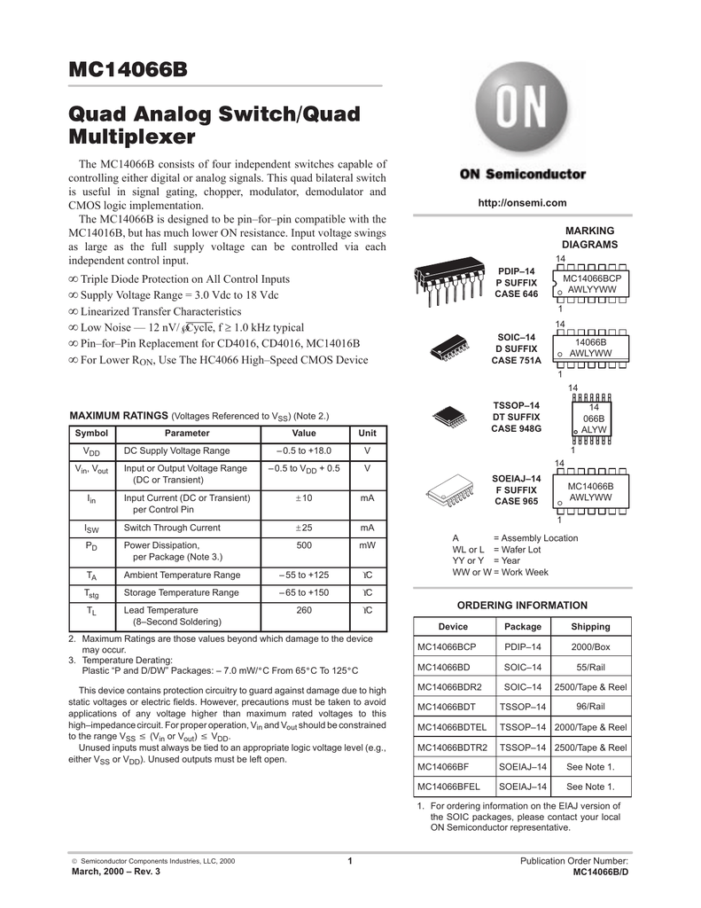 MC14066 - Quad Analog Switch/Quad Multiplexer | Manualzz