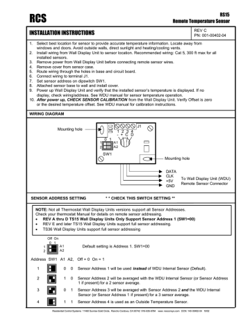 RCS-001-00402 RCS Remote Temperature Sensor Manual | Manualzz