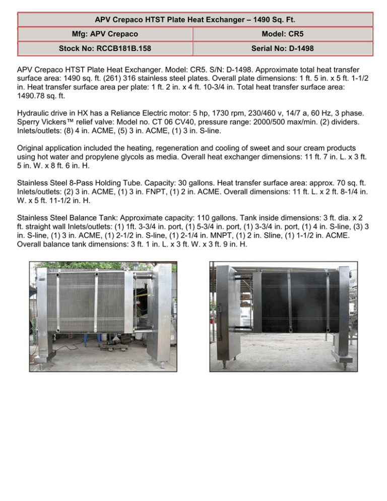 Apv Crepaco Htst Plate Heat Exchanger 1490 Sq Ft Mfg Model Manualzz