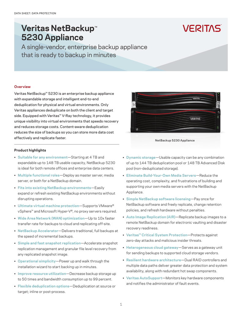 Veritas NetBackup 5230 Appliance Datasheet Manualzz