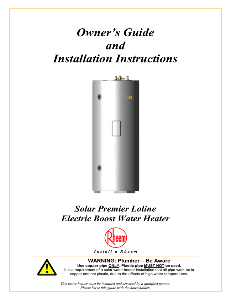 Rheem Premier Lowline Electric Water Heater Owners Guide And Installation Instructions Manualzz