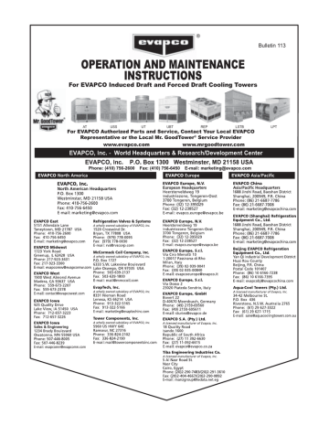 Evapco Operation and Maintenance Instructions For EVAPCO Induced Draft