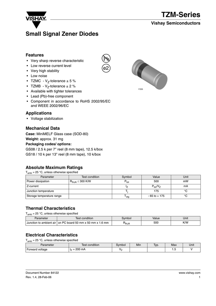 Tzm Series Small Signal Zener Diodes E2 Vishay Semiconductors Manualzz
