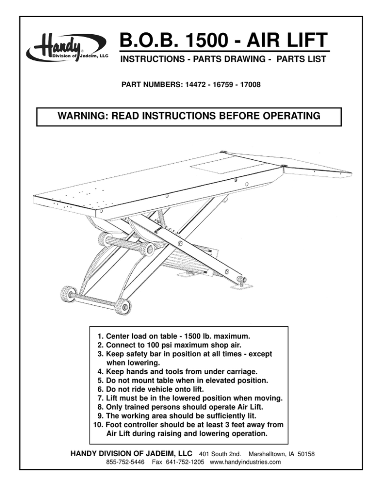 Handy 14472 B.O.B. 1500 Motorcycle Lift Manual Manualzz