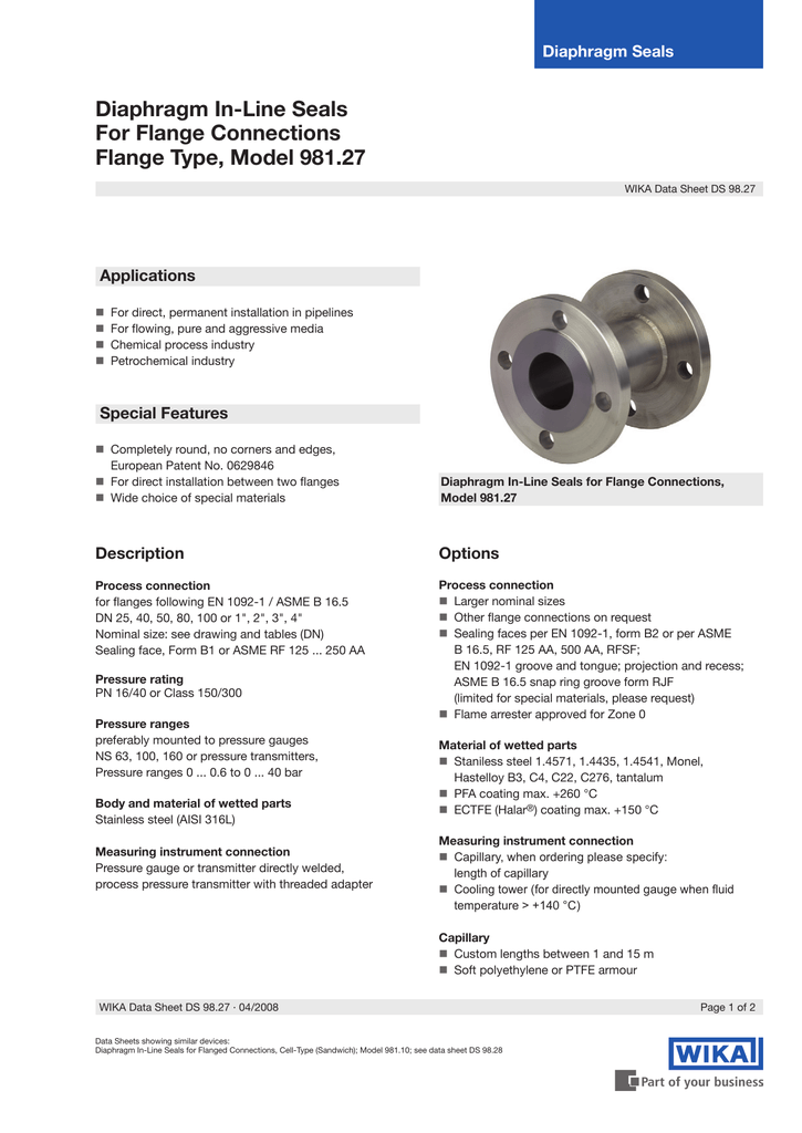 D44 Upper Flanged Diaphragm Seal Teflon Winters D44023 D44 Upper Flanged Diaphragm Seal Teflon Winters D44023