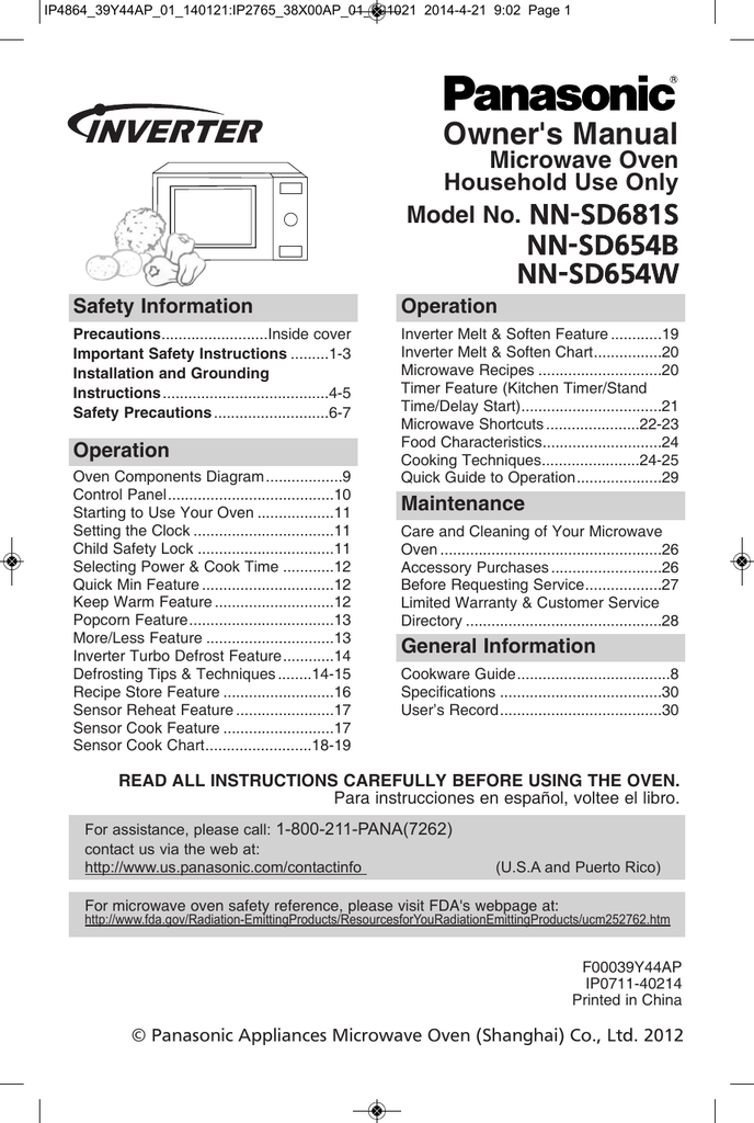 Panasonic NNSD681S Microwave Oven User manual Manualzz