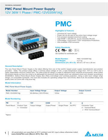 PMC-24V035W1AA Brand New Delta PMC Panel Mount Power Supply 24V 35W 