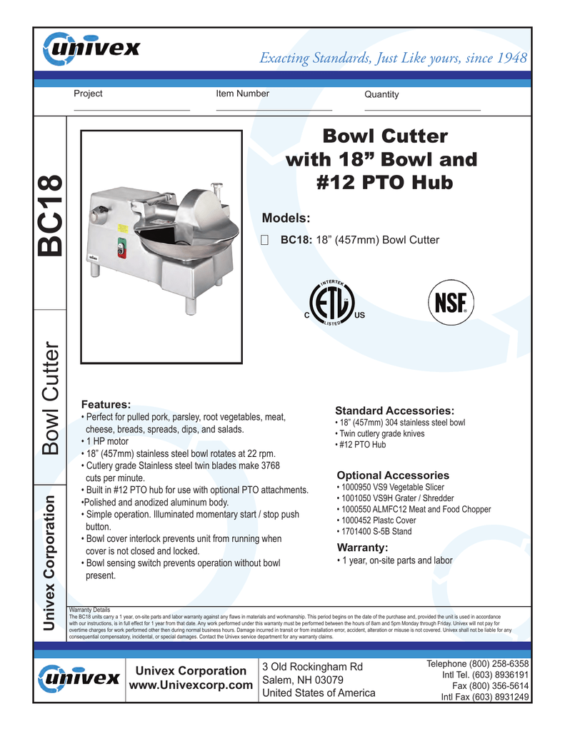 Univex BC18 Installation manual 