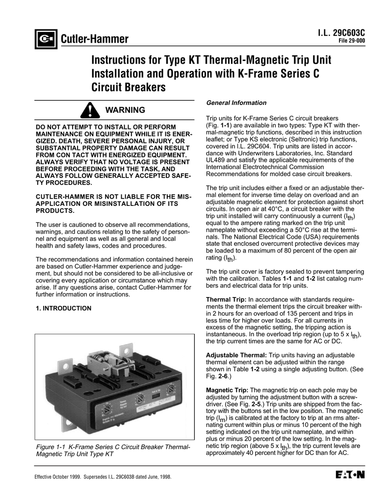 CutlerHammer Instructions for Type KT Trip Unit