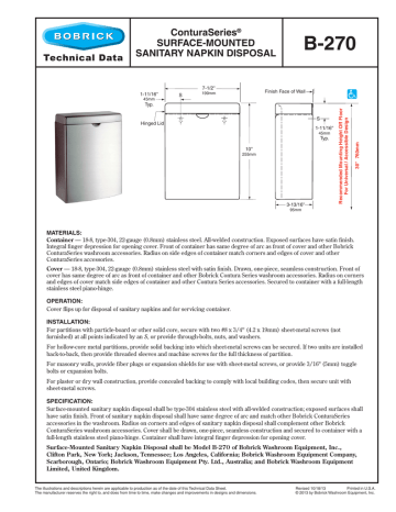 Bobrick B 270 Surface Mounted Sanitary Napkin Disposal Technical Data Sheet Manualzz