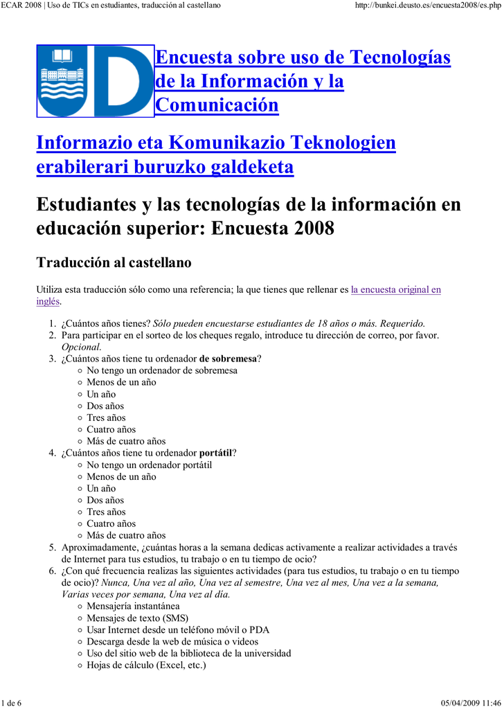 Encuesta Ecar En Espanol Pdf Manualzz