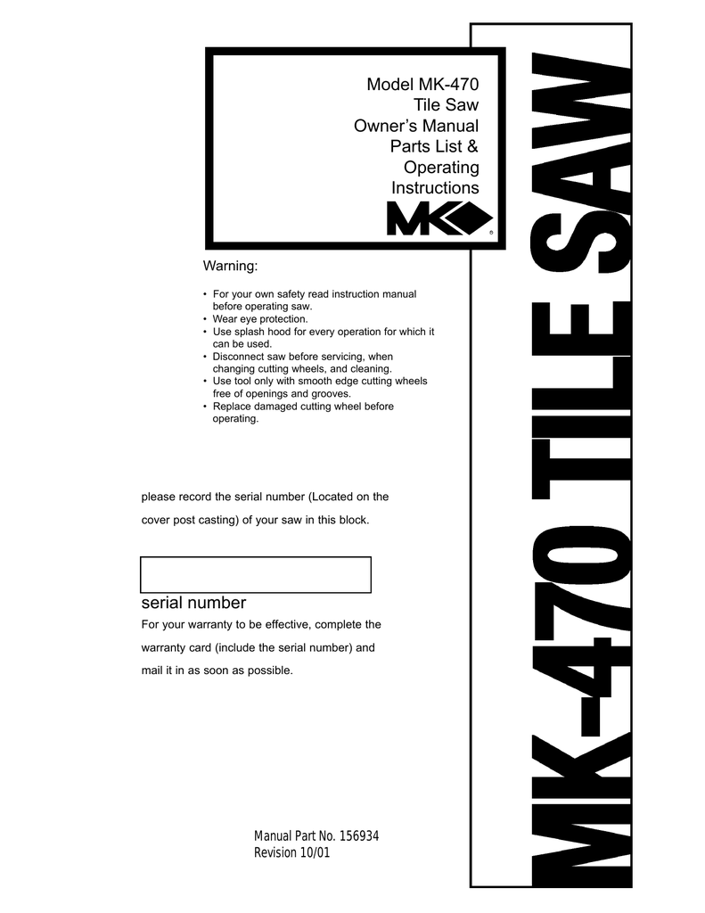 MK Diamond Products MK470 Owners Manual, Parts List & Operating