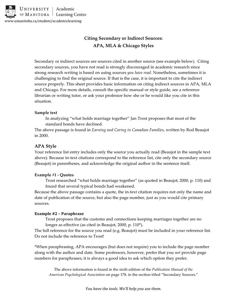 Citing Secondary Or Indirect Sources Manualzz