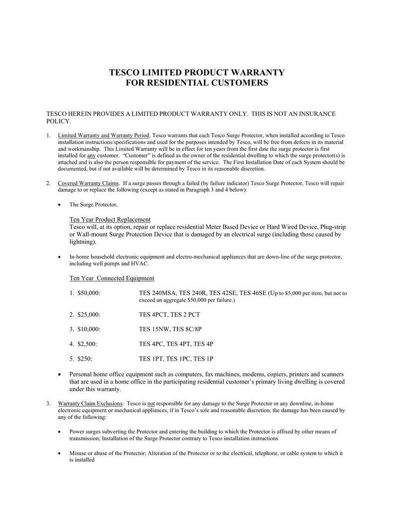 Tesco Tes 240 Msa Surge Arrestor Warranty Manualzz