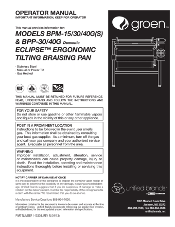 Groen Eclipse Braising Pan Operator s Manual | Manualzz