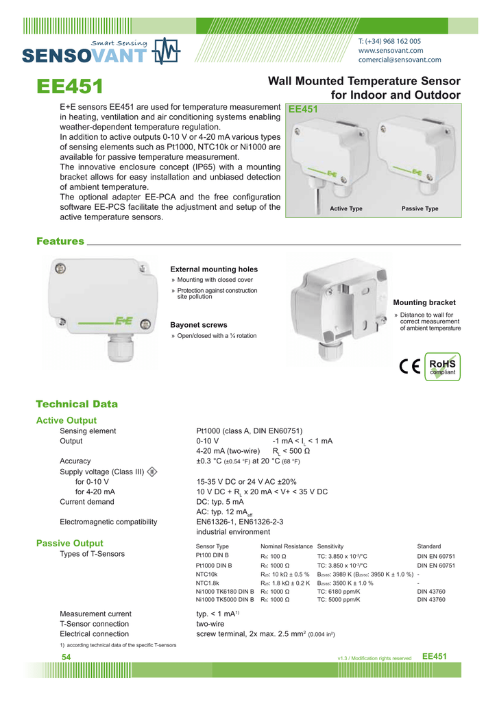 EE451 Wall Mounted Temperature Sensor for Indoor and Outdoor