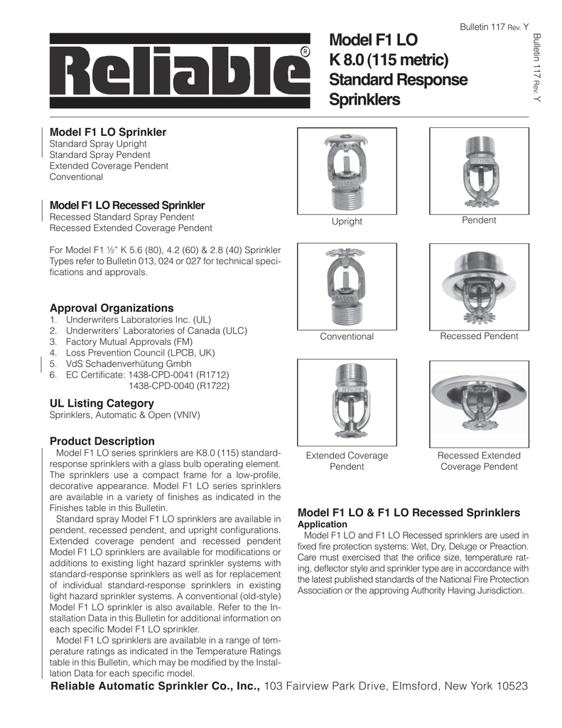 Model F1 Lo K 8 0 115 Metric Standard Response Sprinklers Manualzz