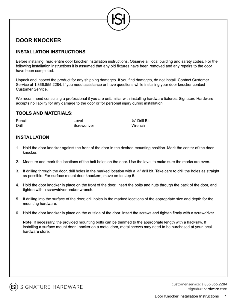 DOOR KNOCKER INSTALLATION INSTRUCTIONS Manualzz