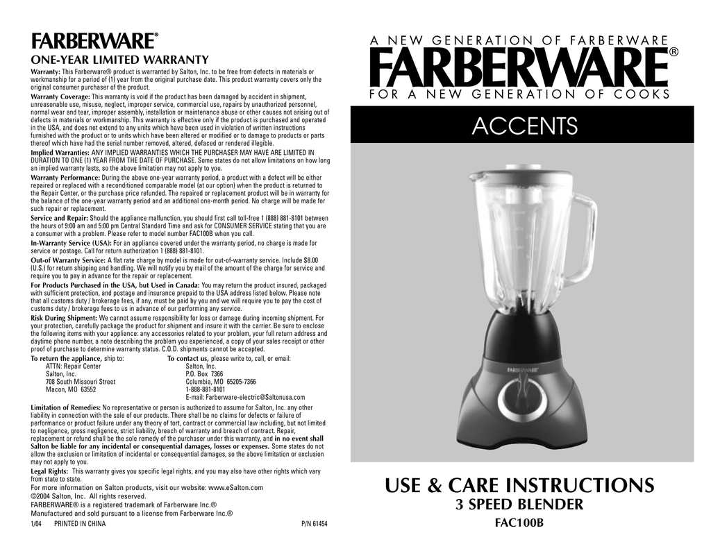 FARBERWARE FBL500SS Stainless Steel Blender 